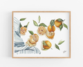 a painting of oranges and leaves
